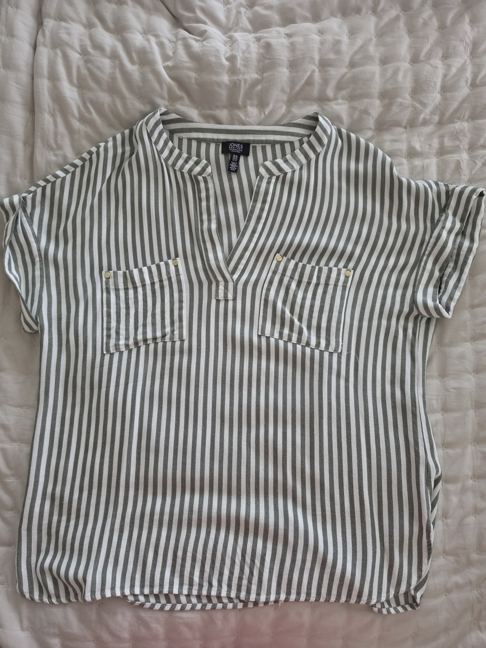 Jones New York Olive and White Vertical Stripe Short-Sleeve Shirt
